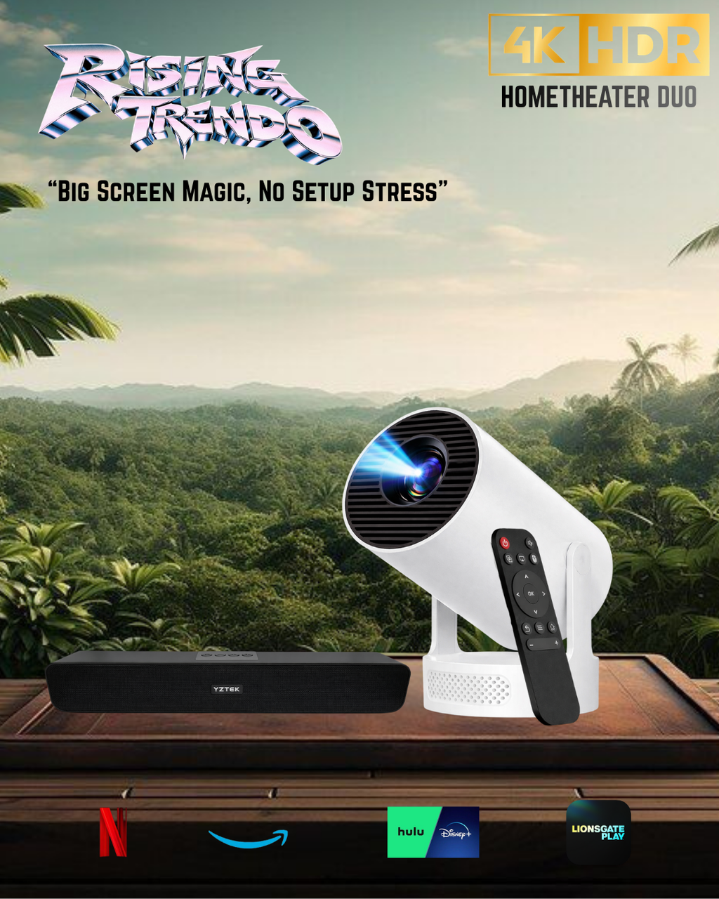 RISING TRENDO™  Home Cinema Duo | Smart Projector + Wireless Soundbar