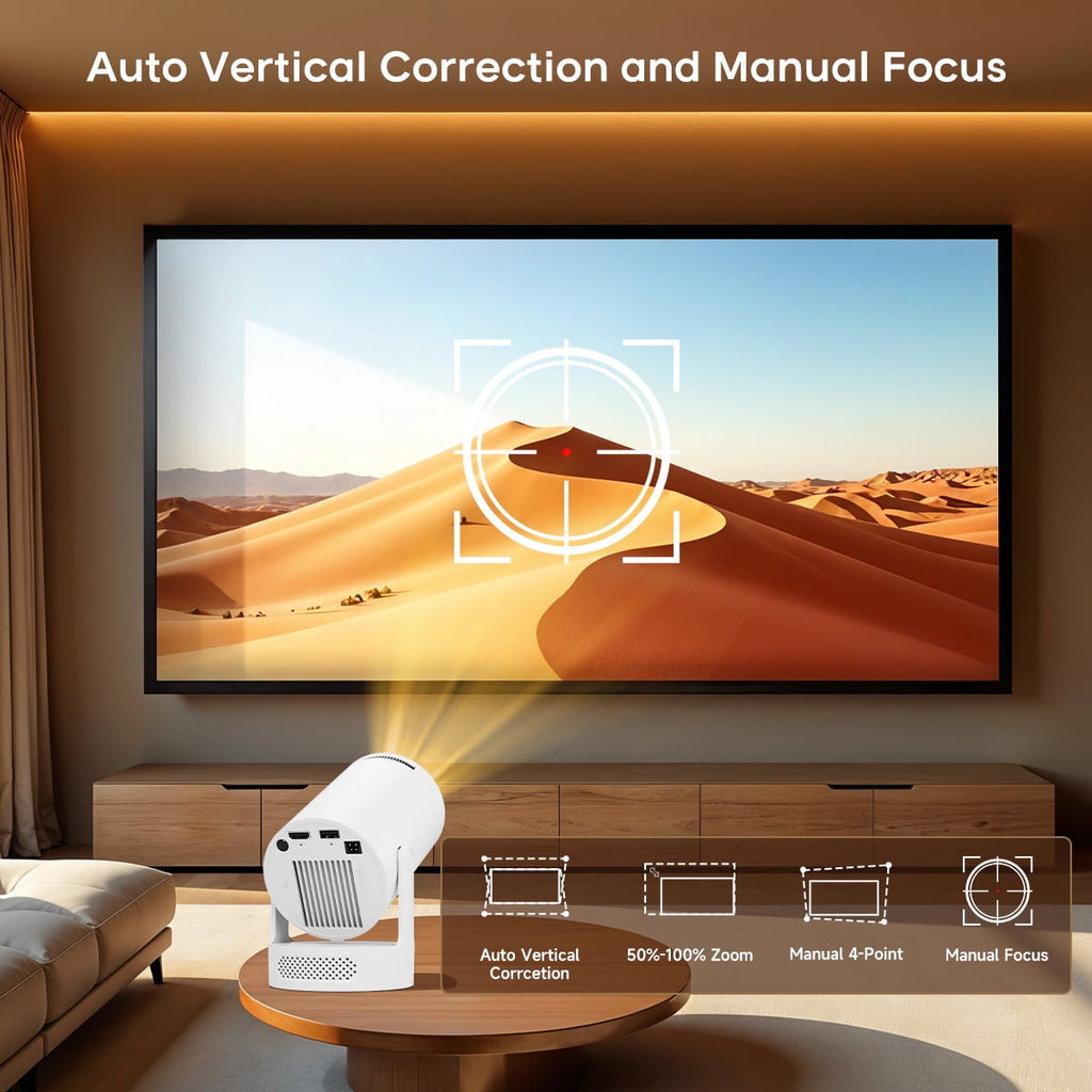 Mini Projector 4K Support with Wifi 6 and BT 5.4, 5W Soundbase Speaker, Auto Vertical Keystone 180° Rotatable Portable Projector for Home Bedroom Outdoor Movies Hy300Pro+ White