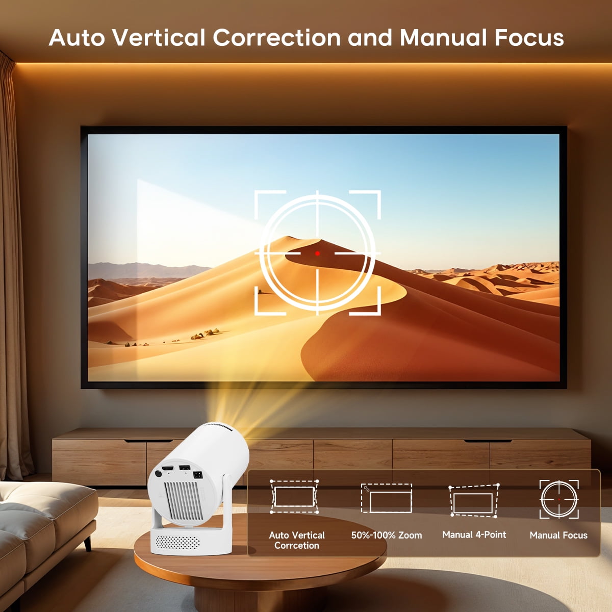 Mini Projector 4K Support with Wifi 6 and BT 5.4, 5W Soundbase Speaker, Auto Vertical Keystone 180° Rotatable Portable Projector for Home Bedroom Outdoor Movies Hy300Pro+ White